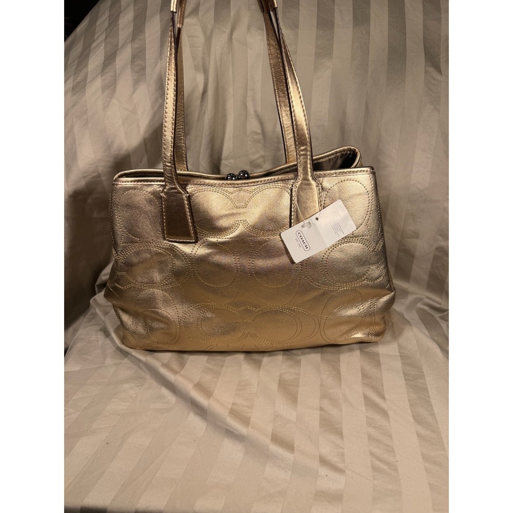 Coach Signature Stitched Metallic Leather Framed Carryall Gold F18879